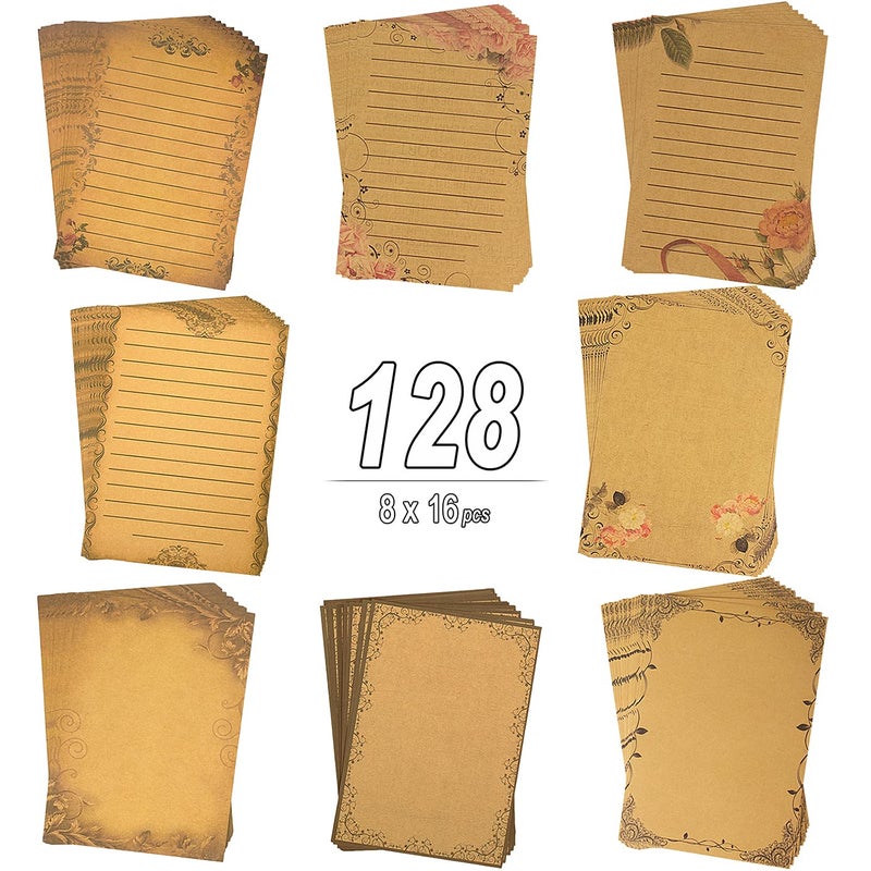 CenterZ 128 Sheets 8 Style Vintage Stationary Paper, 5.7 x 8.3 inch A5 Size 100gsm Kraft Floral Printed Letter Writing Stationery Bulk Set for Personalized Letters, Creative Poems, Lyrics, Notes, etc. - Image 1